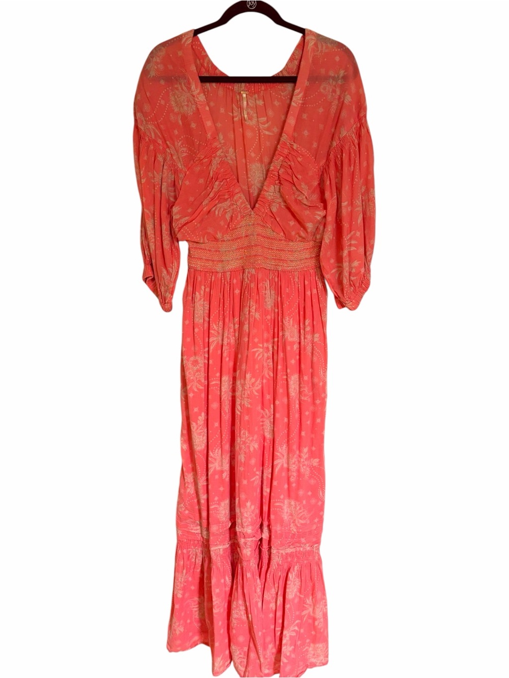 Free People Golden Hour Maxi Dress Coral Pink Floral Babydoll Beach Resort - Picture 5 of 15